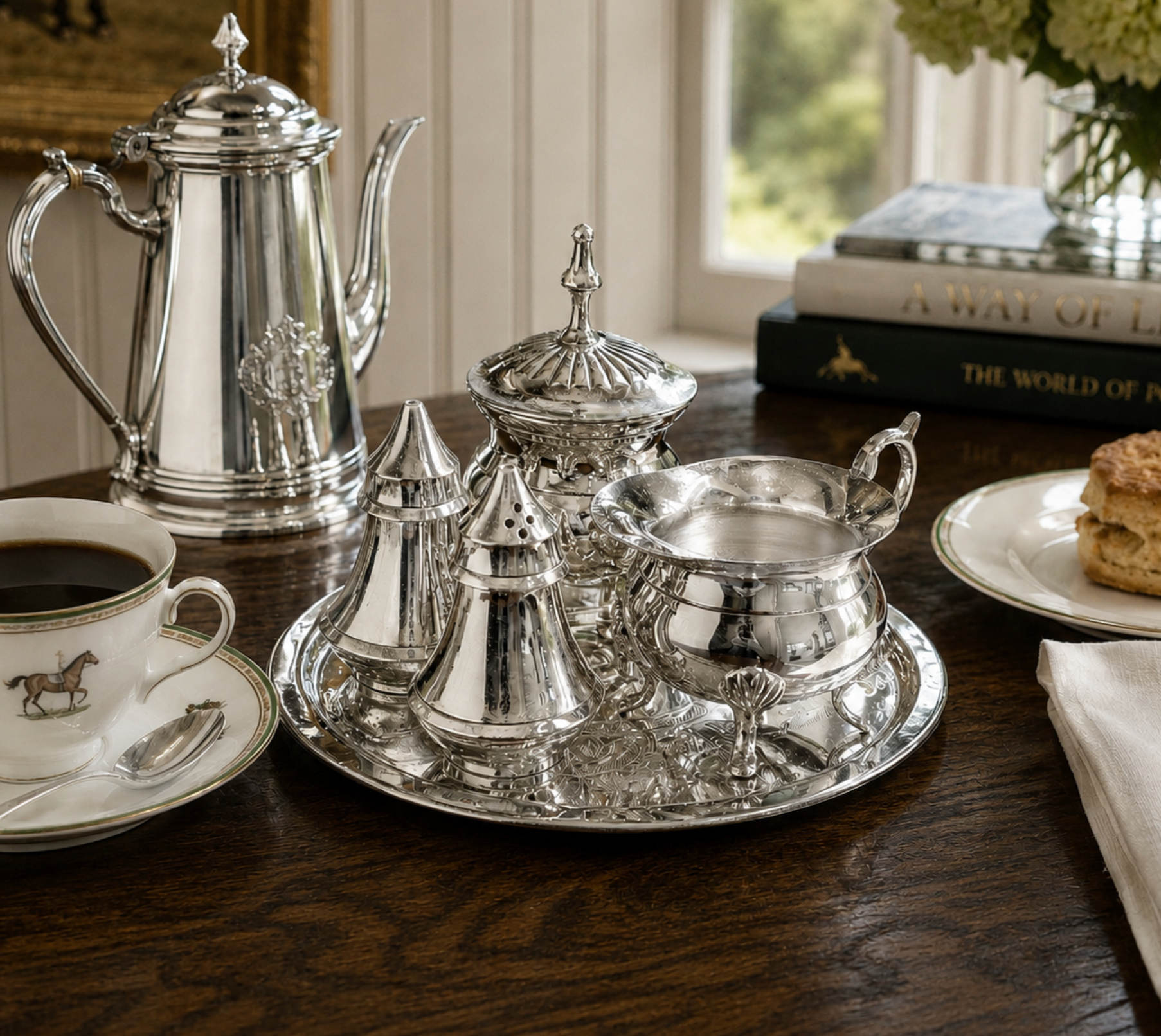 A polished silver tea and coffee serving set arranged on a dark wooden table, including a teapot, sugar bowl, creamer, and condiment shakers, with a cup of black coffee in the foreground and books and flowers in the background.