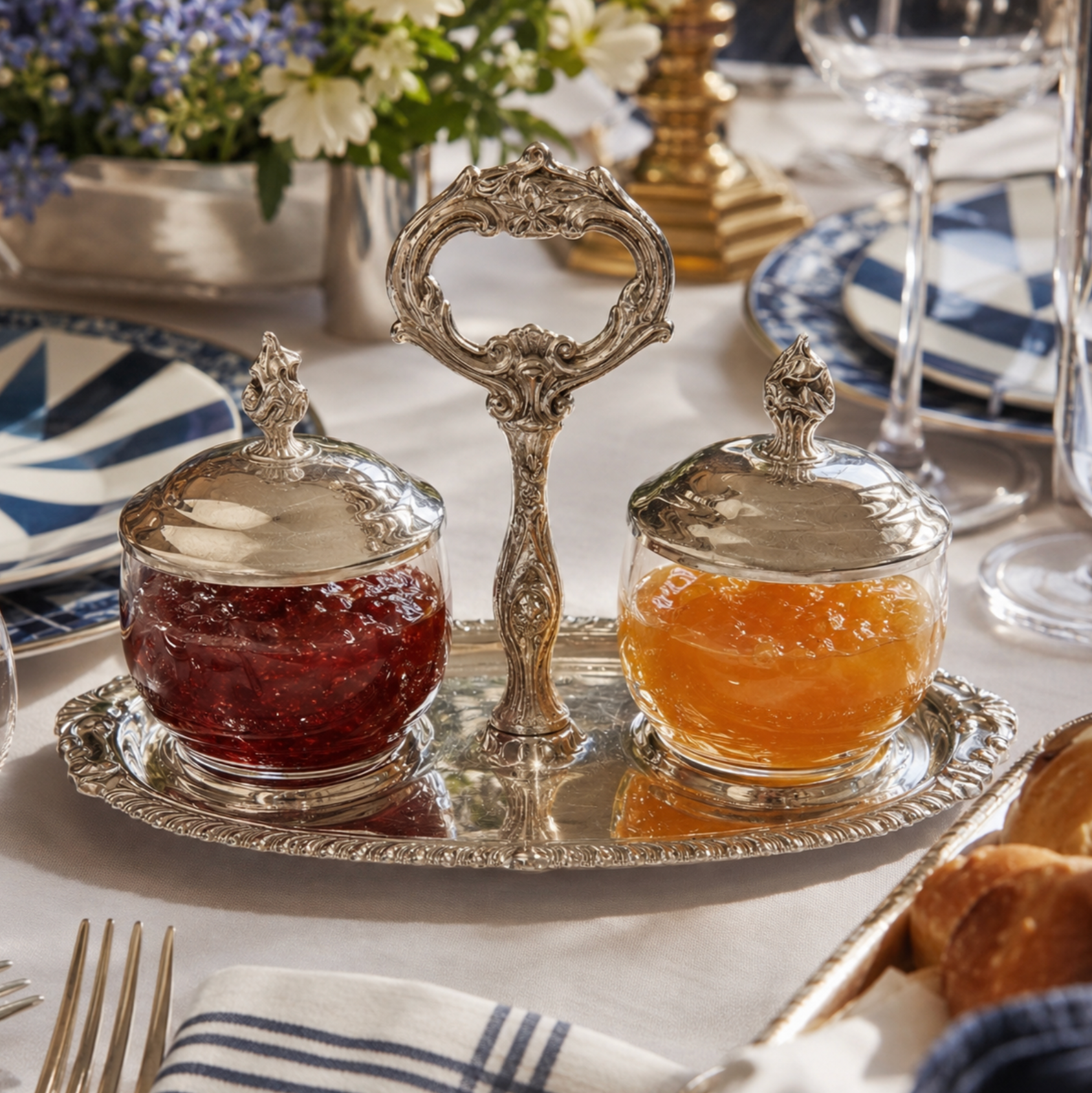 An ornate silver-toned two-cup jam holder with a central handle, set on a silver tray on a table. The left cup contains red jam and the right cup contains orange jam, both in clear glass jars with lids.