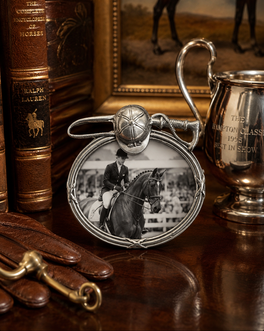 Elias pewter frame, Elias sterling pewter frame, miniature photo frame, equestrian photo frame, riding helmet frame, horse riding frame, pewter picture frame, vintage Elias frame, 1991 Elias frame, American sterling pewter, small tabletop frame, horse lover gift, equestrian decor, hunt country decor, art nouveau frame