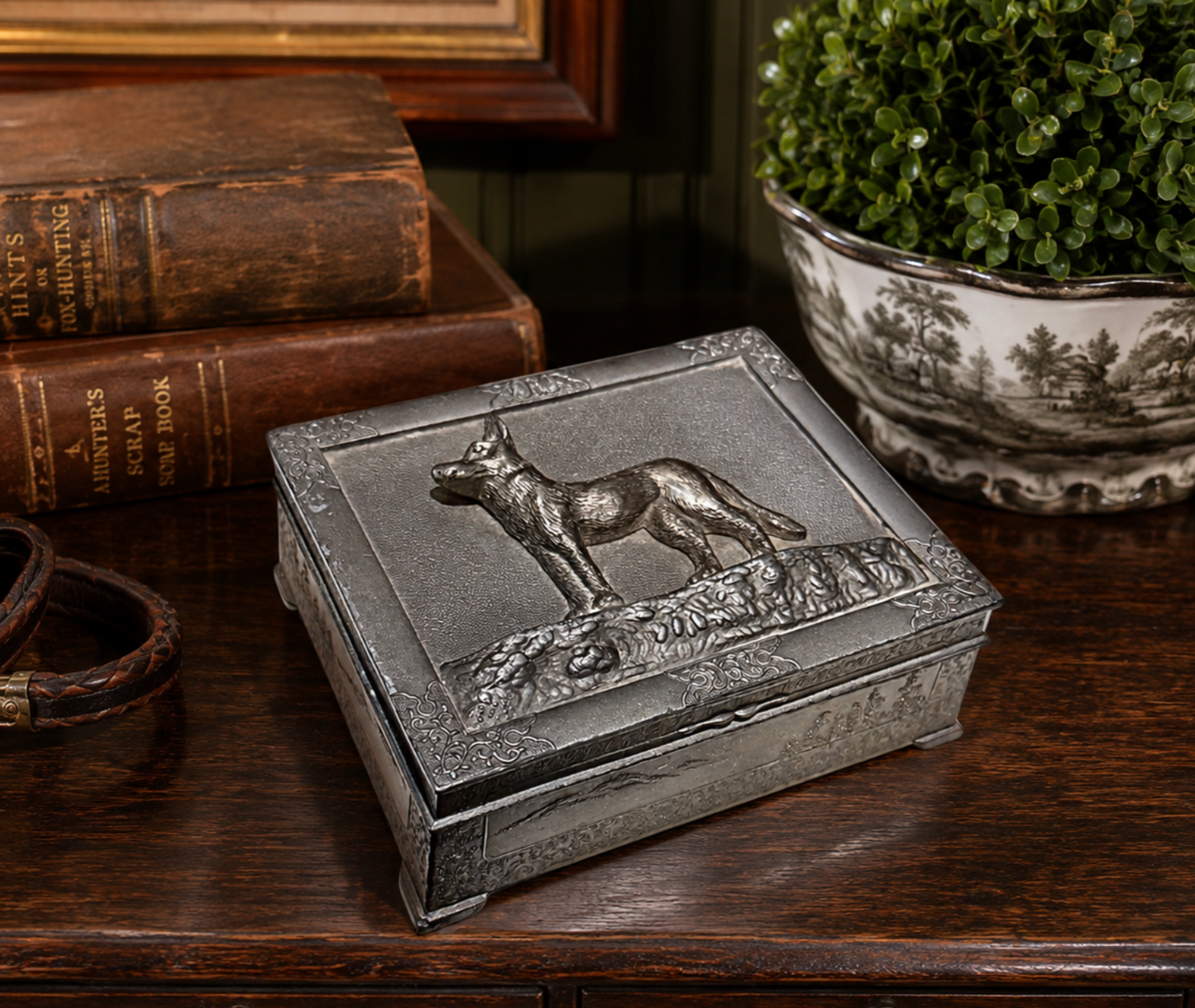 Vintage Silver-Tone Fox Hunt Trinket Box, c. 1950s