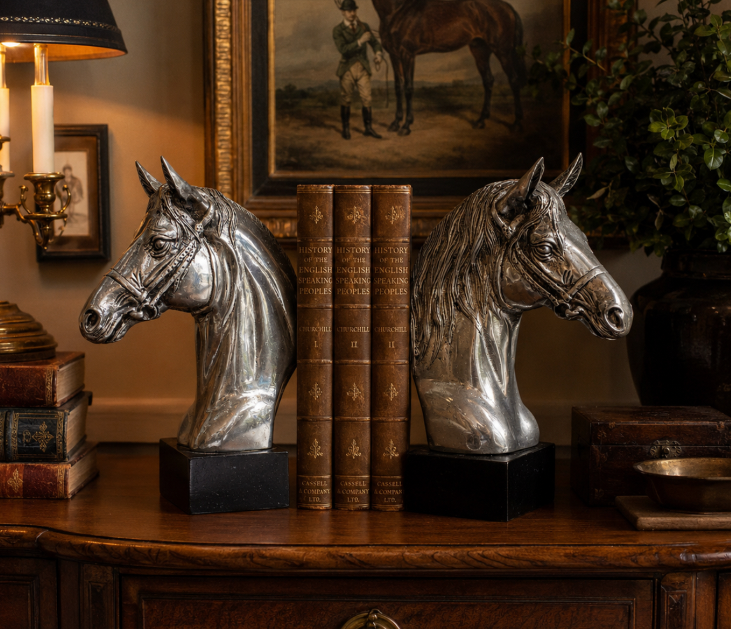 A pair of silver horse head bookends on black bases, holding three vintage brown leather-bound books on a wooden console table in a styled room.