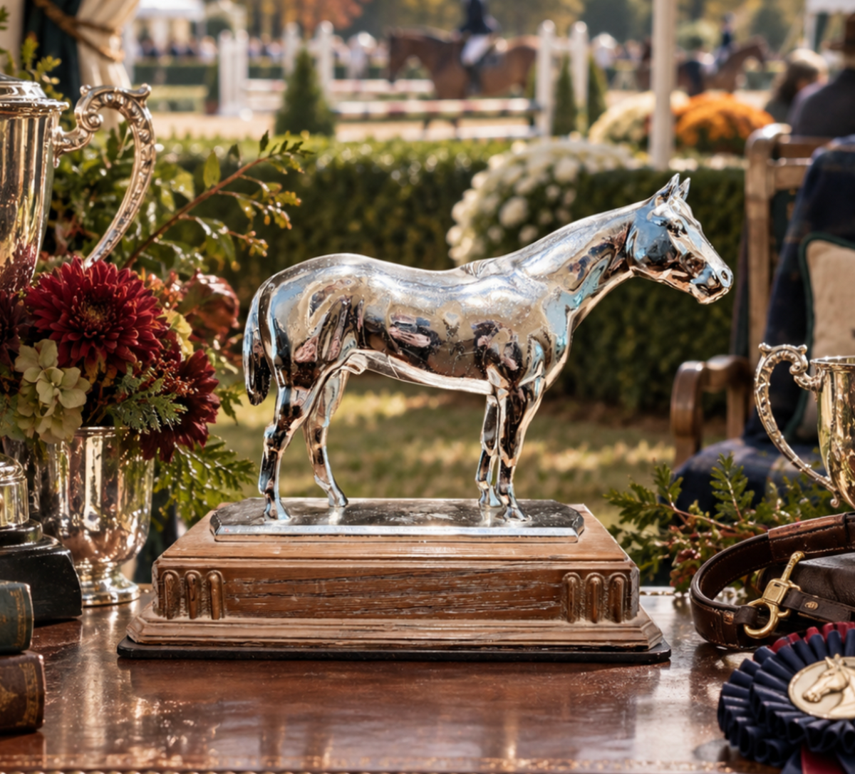 A polished silver horse figurine standing on a decorative wooden base, displayed on a table at what appears to be an outdoor equestrian event with trophies, flowers, and spectators in the background.