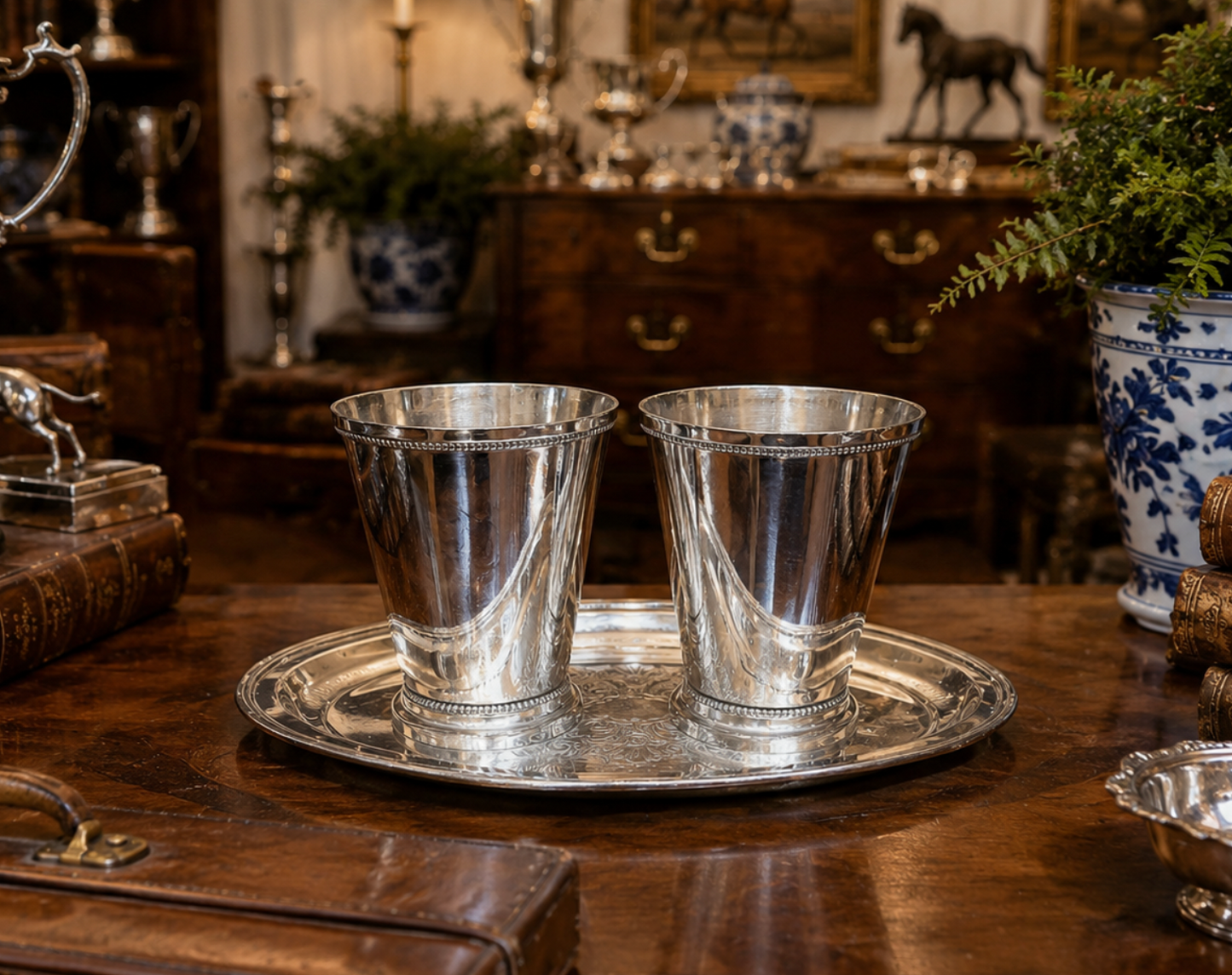 Two polished silver julep cups with beaded trim, set on a matching silver tray on a dark wooden table in a vintage shop interior.