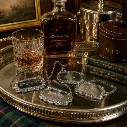 Bottle of whiskey, glass, and decorative tags on a silver tray with 'M E' branding.