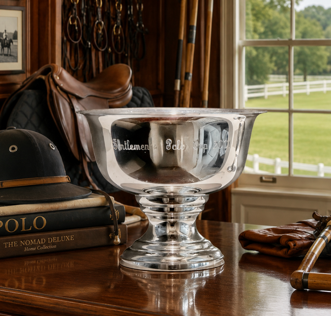 Silver goblet on a wooden table with equestrian-themed decor