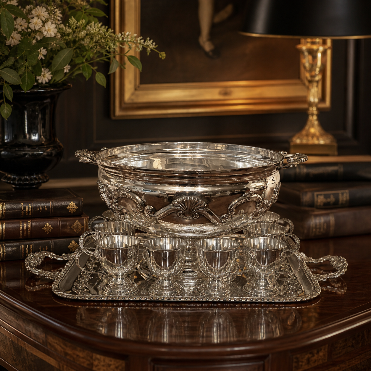 Decorative silver bowl with stand on a wooden surface, framed by books and a vase.
