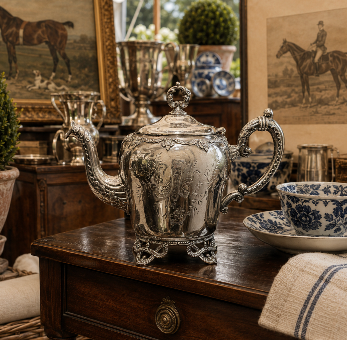 An ornate silver teapot with intricate floral engraving sits on a dark wooden table in a vintage-style room, alongside a blue and white patterned teacup and saucer.