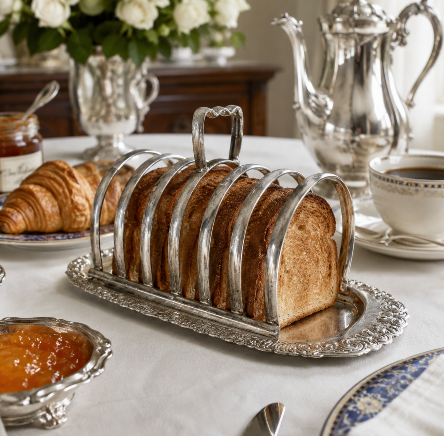 An ornate silver metal bread slice holder with six curved bars, holding six slices of toasted bread, set on a white tablecloth in a breakfast scene with a teapot, croissants, and jam.