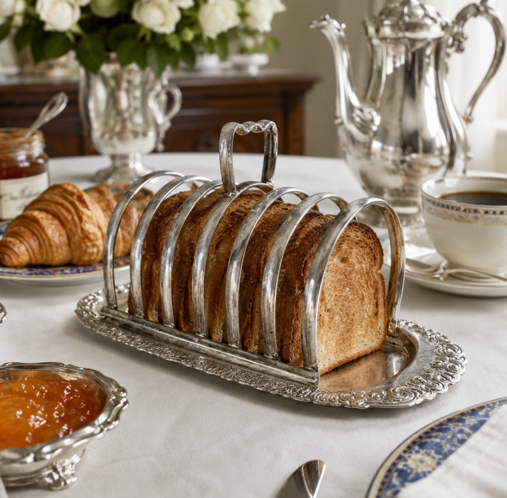 An ornate silver metal bread slice holder with six curved bars, holding six slices of toasted bread, set on a white tablecloth in a breakfast scene with a teapot, croissants, and jam.