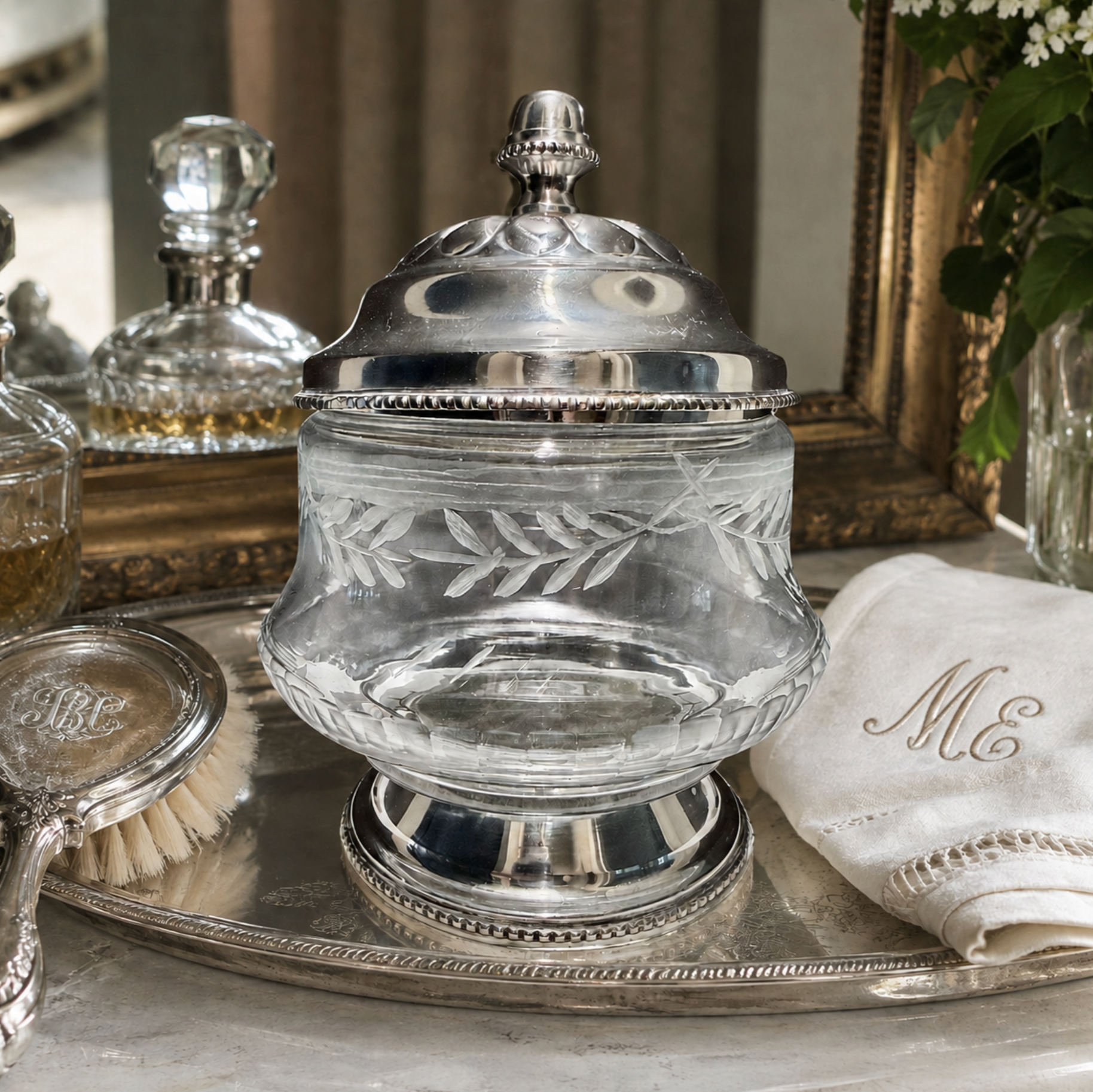 A clear glass lidded jar with etched leaf patterns and a polished silver-tone metal lid, displayed on a silver tray with a white embroidered napkin and decorative accessories.