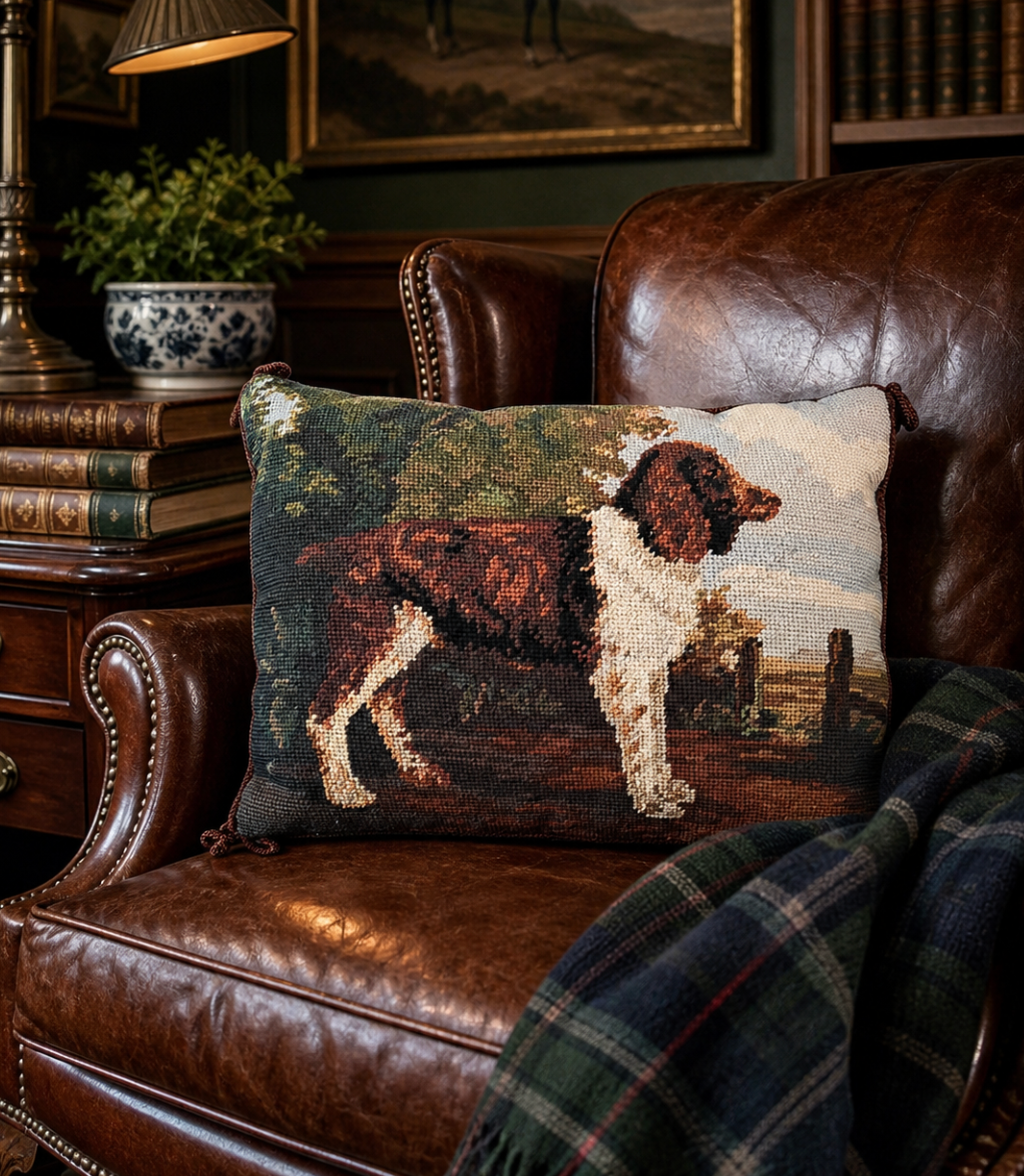 Decorative pillow with a dog design on a brown leather chair in a cozy room.