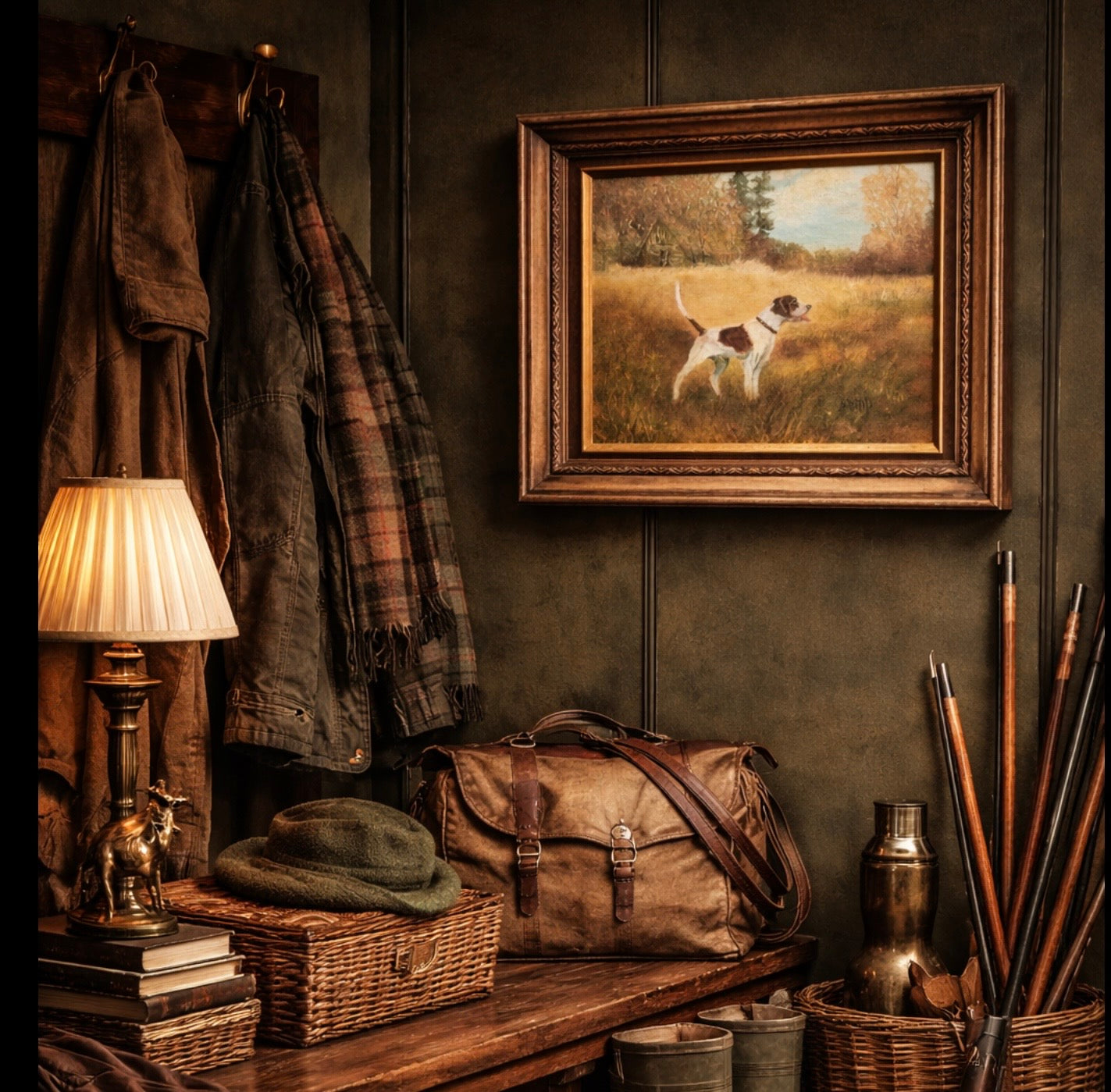 Nostalgic interior with hunting-themed decor, including a painting of a dog in a field.