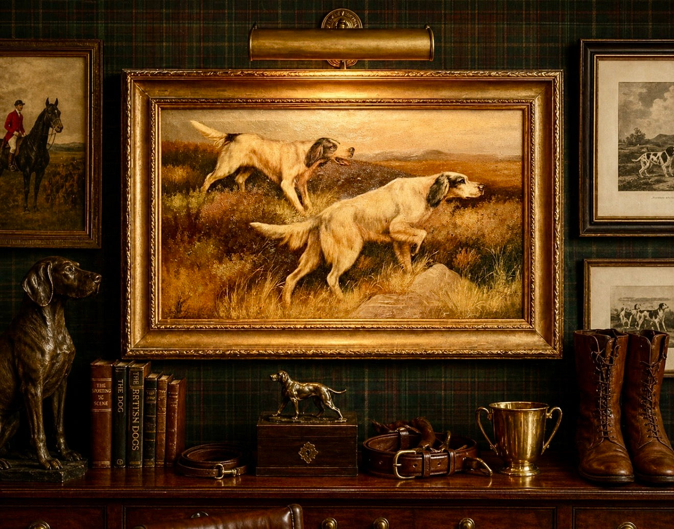 Framed painting of dogs in a field on a wall with books and decor.