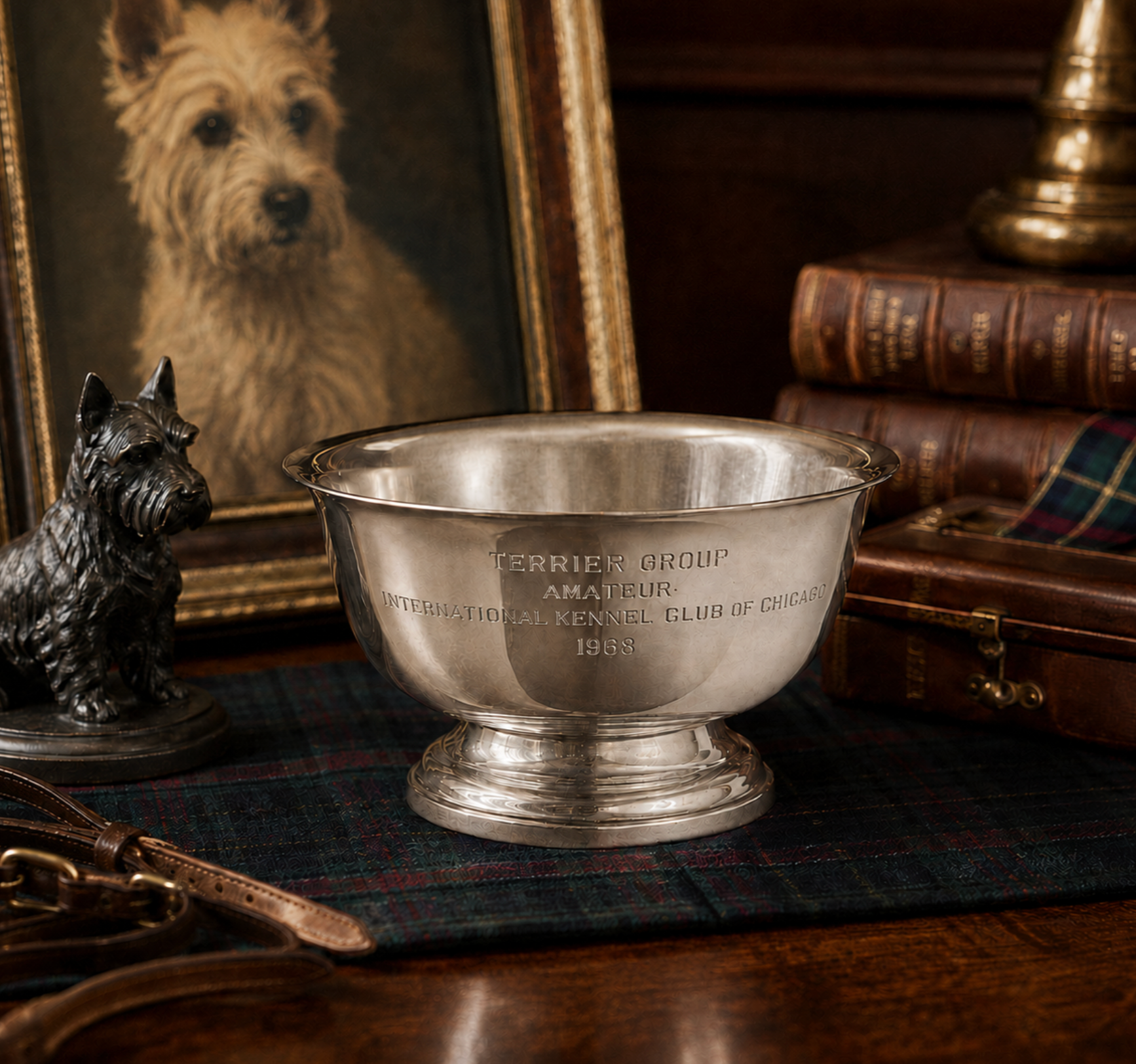 A silver pedestal bowl engraved with 'TERRIEK GROUP AMATEUR' and 'INTERNATIONAL TERRIEK CLUB OF CHICAGO 1963', displayed on a dark plaid runner in a vintage-style room setting with a dog portrait, books, and a small dog statue.