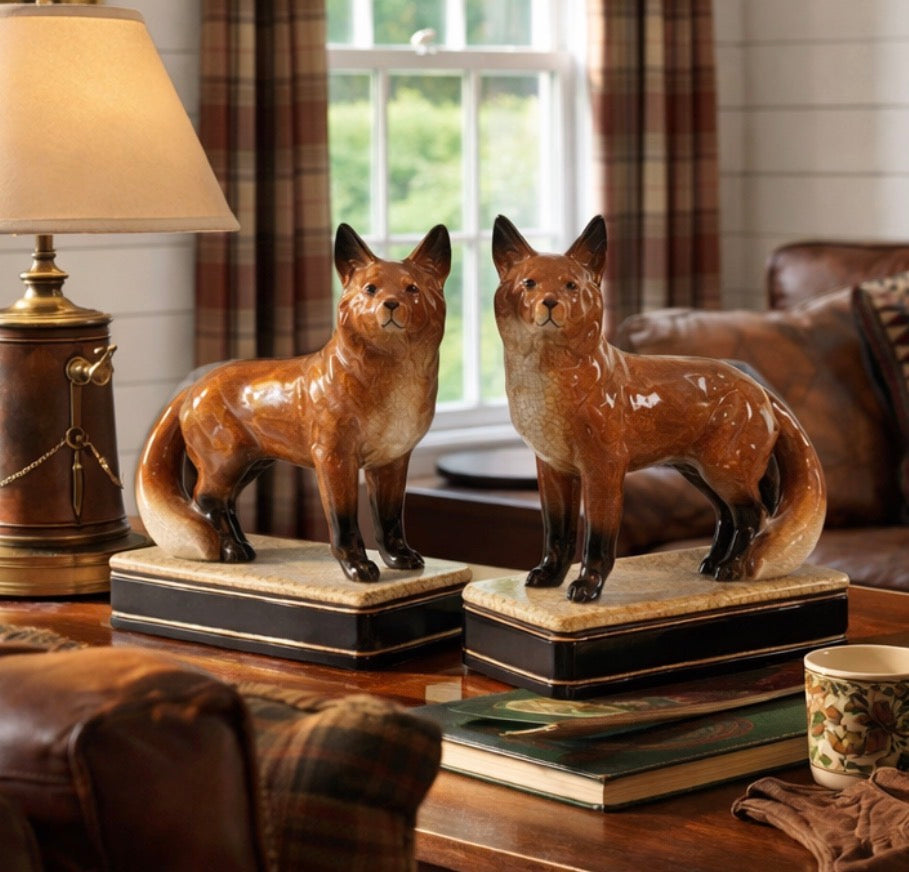 Two ceramic fox bookends on a wooden surface with a lamp and books in the background.