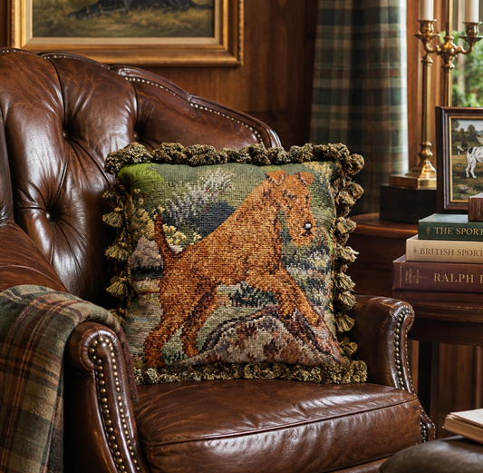 A square woven throw pillow featuring a brown dog on a green and tan landscape, styled on a brown leather armchair in a classic, cozy room setting.