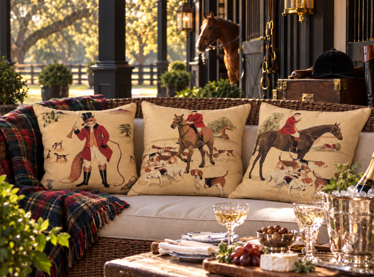 Three decorative throw pillows with vintage equestrian and hunting illustrations are arranged on a wicker sofa in a rustic porch setting with a plaid throw blanket, wine glasses, and horse stalls in the background.