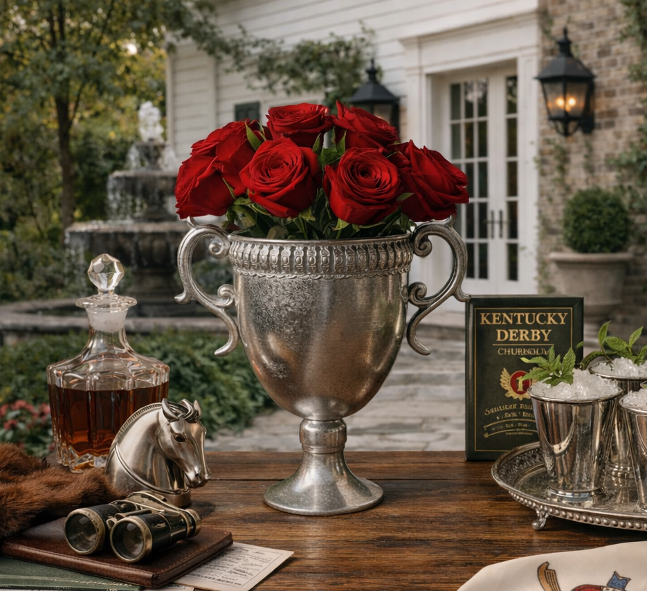 Decorative table setting with silver trophy vase, red roses, and Kentucky Derby-themed items.