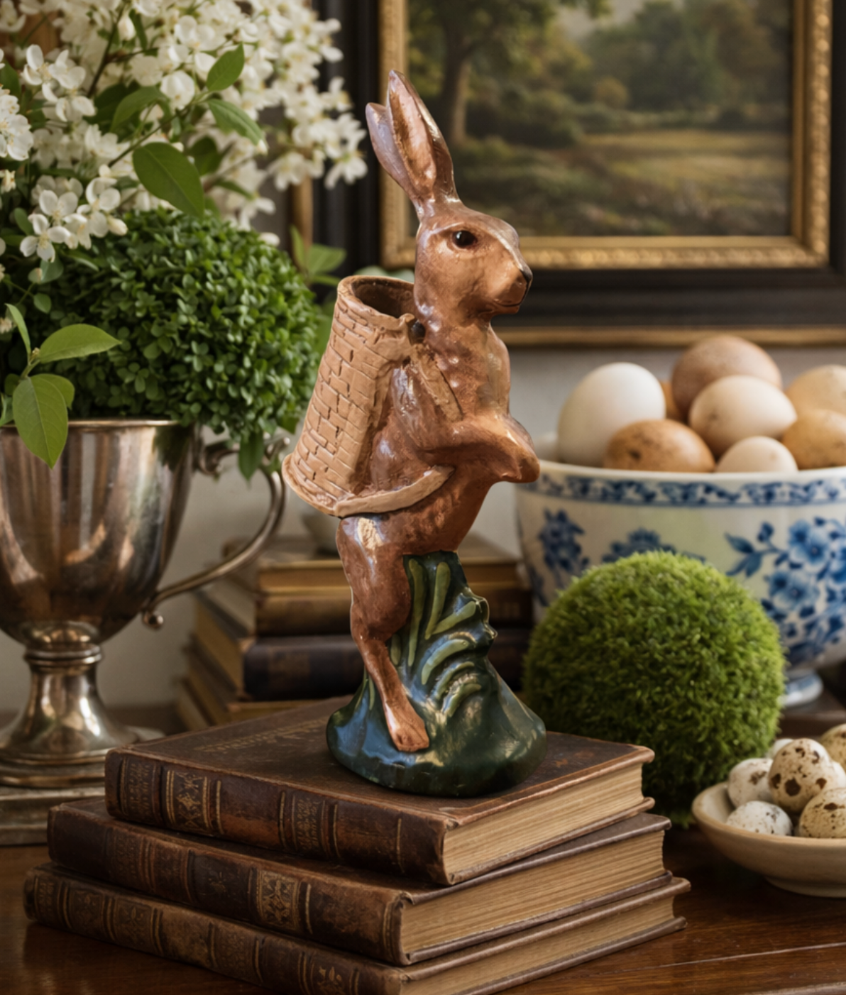 Vintage Vaillancourt Chalkware Folk Art Bunny with Basket Figurine