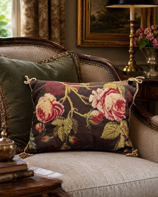 Floral embroidered pillow on a decorative sofa in a room with a lamp and painting.