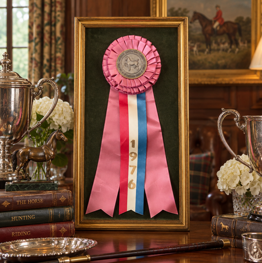 A framed 1976 horse riding championship ribbon rosette with pink, white, and blue ribbons, displayed on a wooden table in an ornate room with books, silverware, and a horse riding portrait in the background.