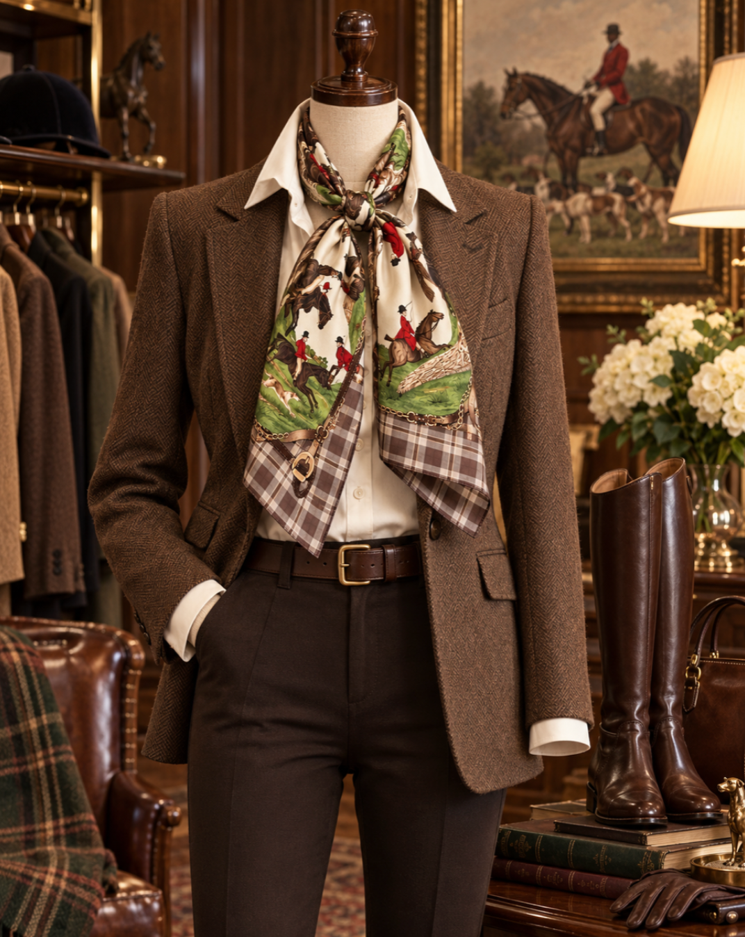 A brown tweed blazer styled on a mannequin with a white shirt, dark brown trousers, and a patterned silk scarf featuring a hunting scene, set in a rustic, vintage-style clothing boutique.