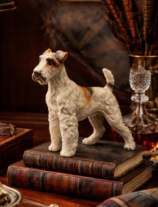 Dog figurine on stacked books with a warm, indoor setting