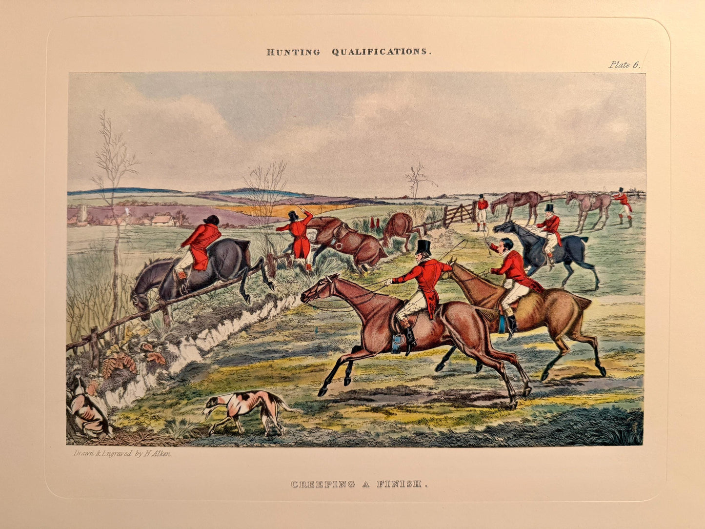 Antique Henry Thomas Aiken Fox Hunting Engraving Lithograph Print - "Hunting Qualifications: Creeping a Finish"