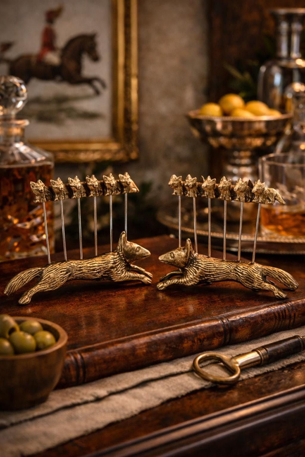Brass Fox Cocktail Picks with Sculptural Fox Holders — Set of Two Holders with 12 Picks