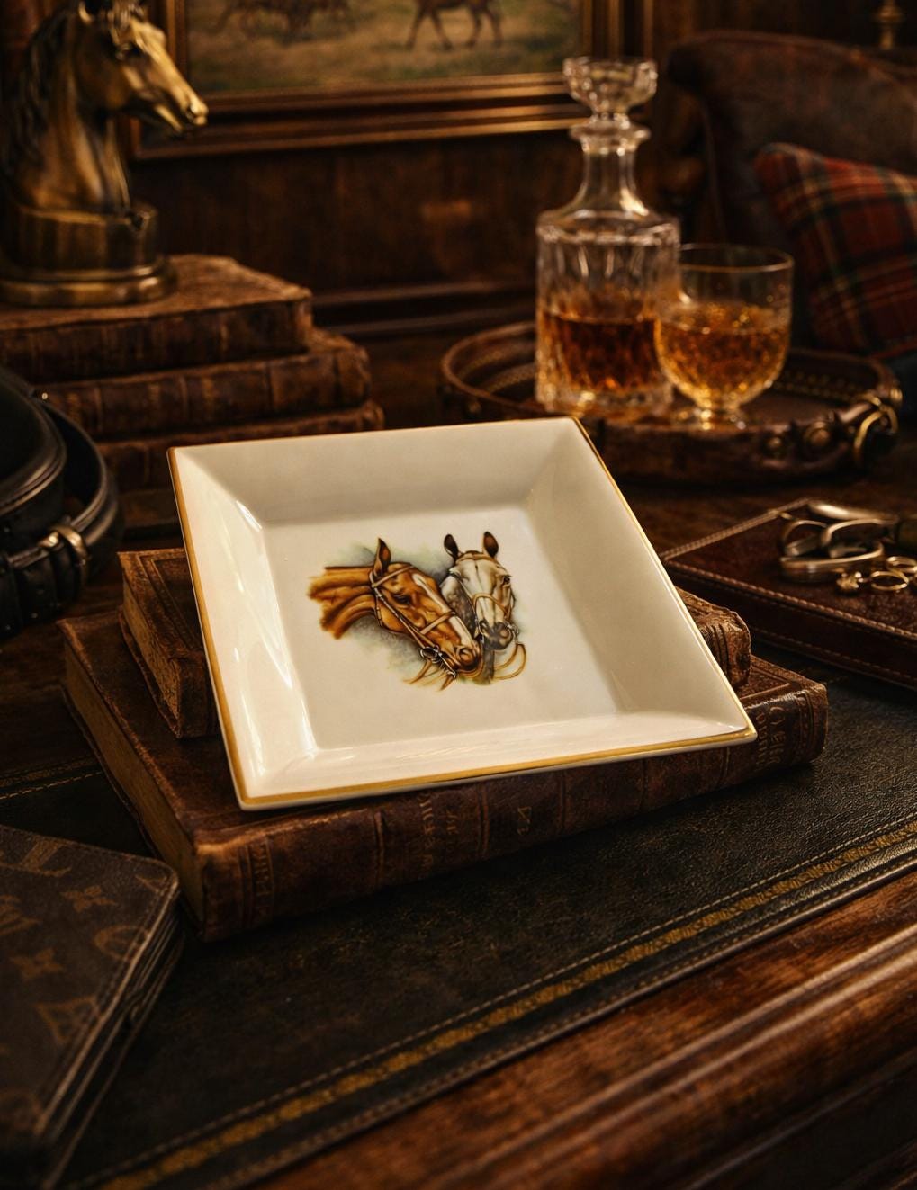 Vintage Hand Painted HERMES-style Equestrian Trinket Dish