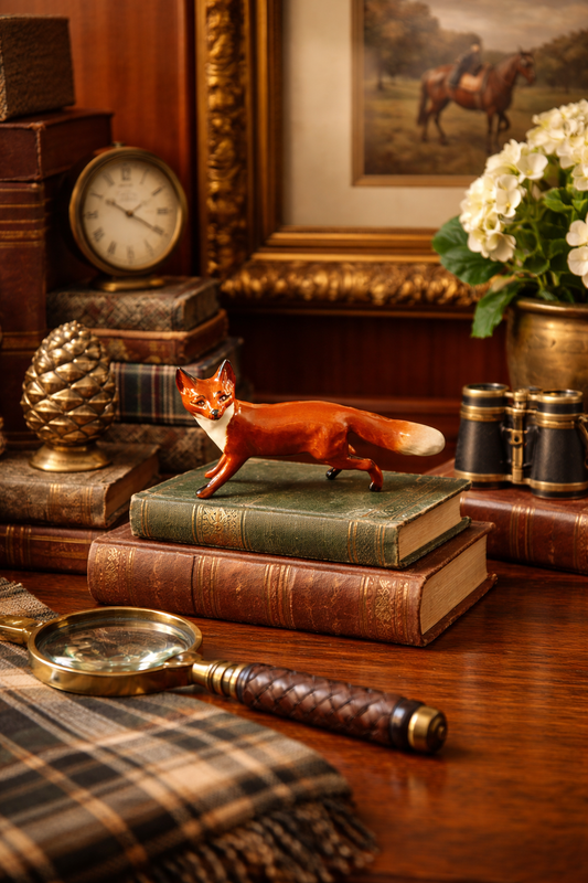 Decorative scene with a fox figurine on books, magnifying glass, and clock in an elegant interior setting.