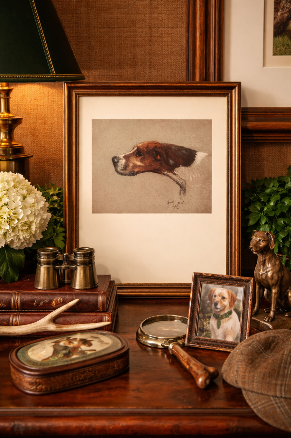 Antique foxhound print by Cecil Aldin featuring a profile illustration of a hunting dog