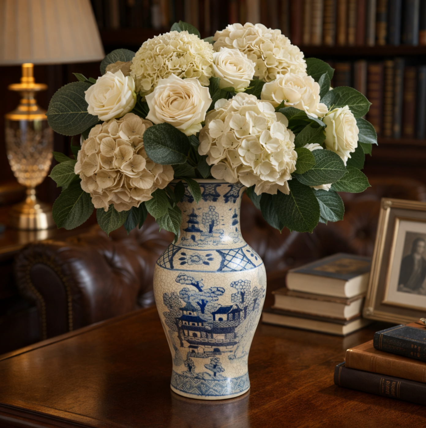 Bouquet of white flowers in a blue and white vase on a wooden table with books and a lamp in the background.