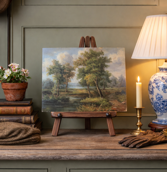 Landscape painting on an easel with decorative items in a room setting