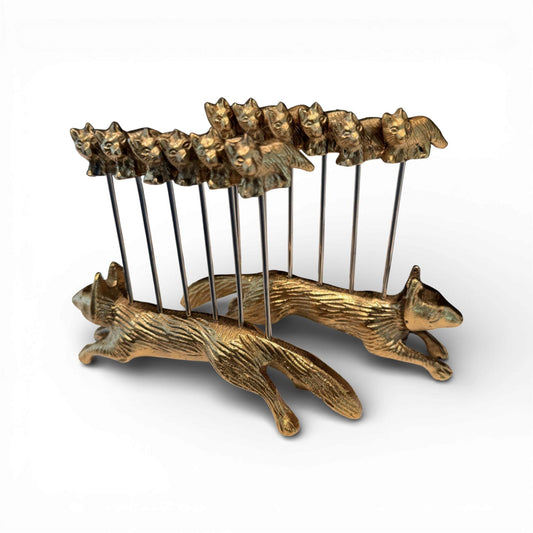 Brass Fox Cocktail Picks with Sculptural Fox Holders — Set of Two Holders with 12 Picks