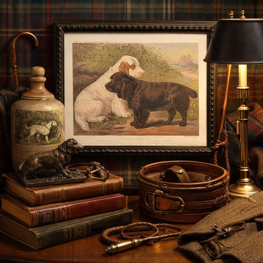 1890s Framed Chromolithograph: Field Clumber Spaniels Antique Dog Print