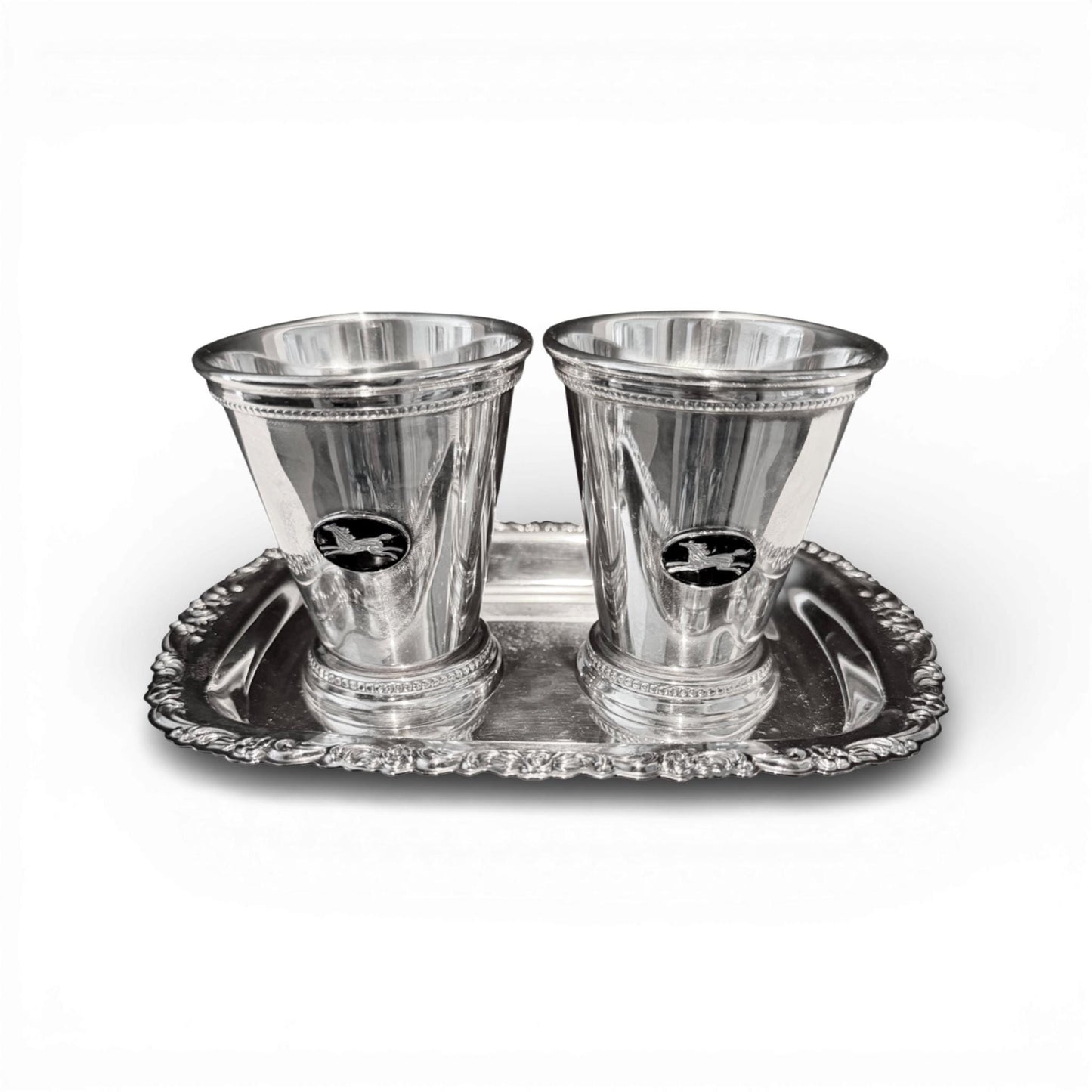 Pair of Equestrian Medallion Julep Cups with Petite Silver Tray
