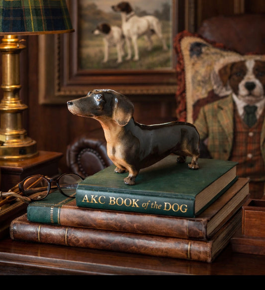 Dog figurine on a stack of books with a lamp and painting in the background
