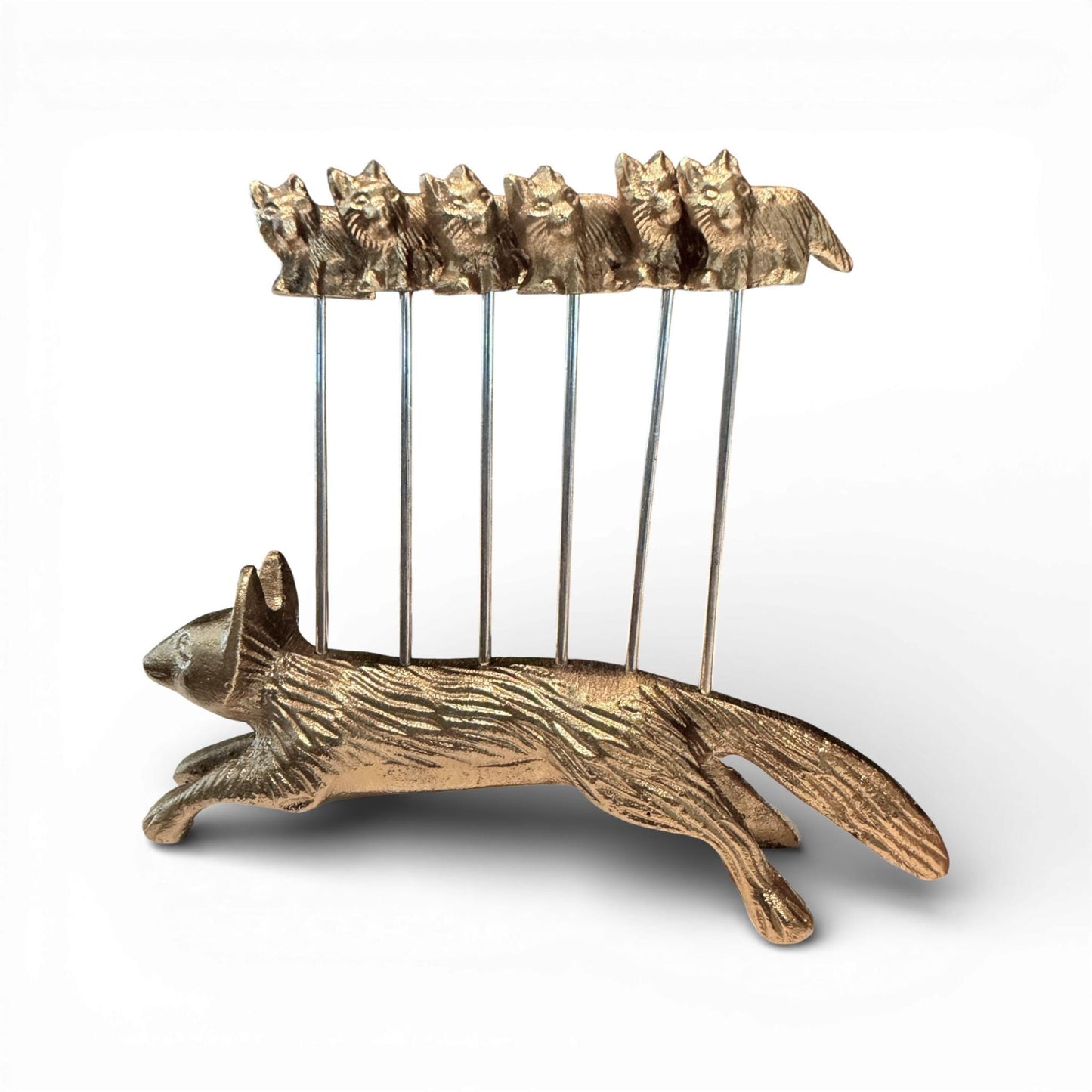 Brass Fox Cocktail Picks with Sculptural Fox Holders — Set of Two Holders with 12 Picks