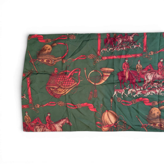 Vintage Equestrian Silk Scarf — Green Fox Hunt Motif with Riders, Hounds & Tack (54" x 15")