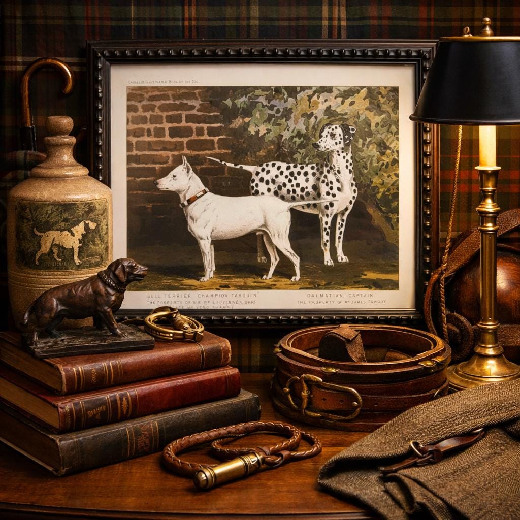 1890s Framed Chromolithograph: Dalmatian and Bull Terrier Antique Dog Print