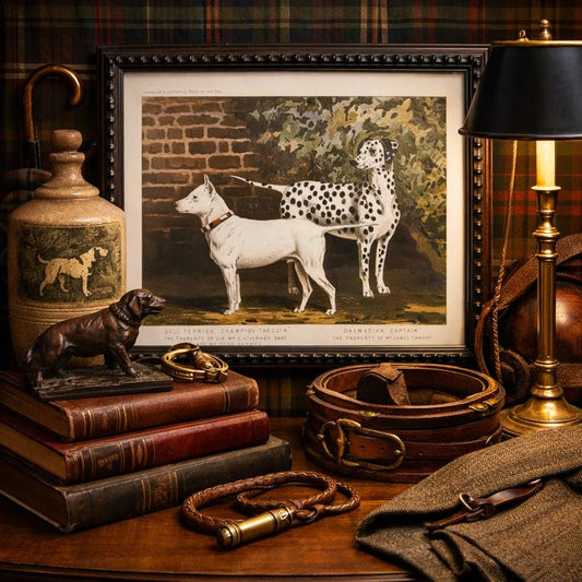 1890s Framed Chromolithograph: Dalmatian and Bull Terrier Antique Dog Print