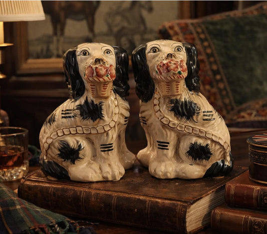 Pair of Antique Staffordshire Spaniels with Flower Baskets