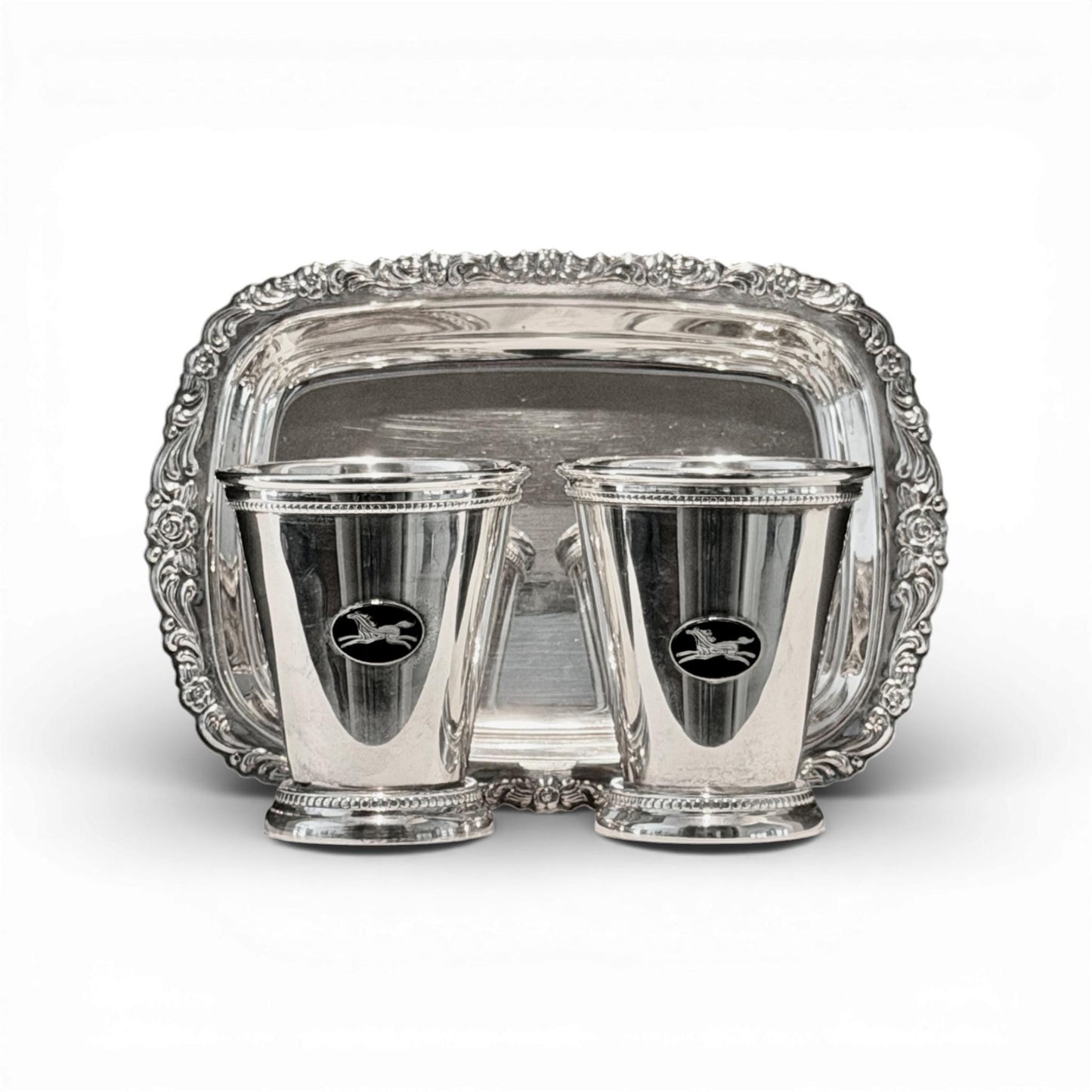 Pair of Equestrian Medallion Julep Cups with Petite Silver Tray