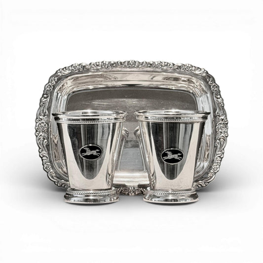 Pair of Equestrian Medallion Julep Cups with Petite Silver Tray