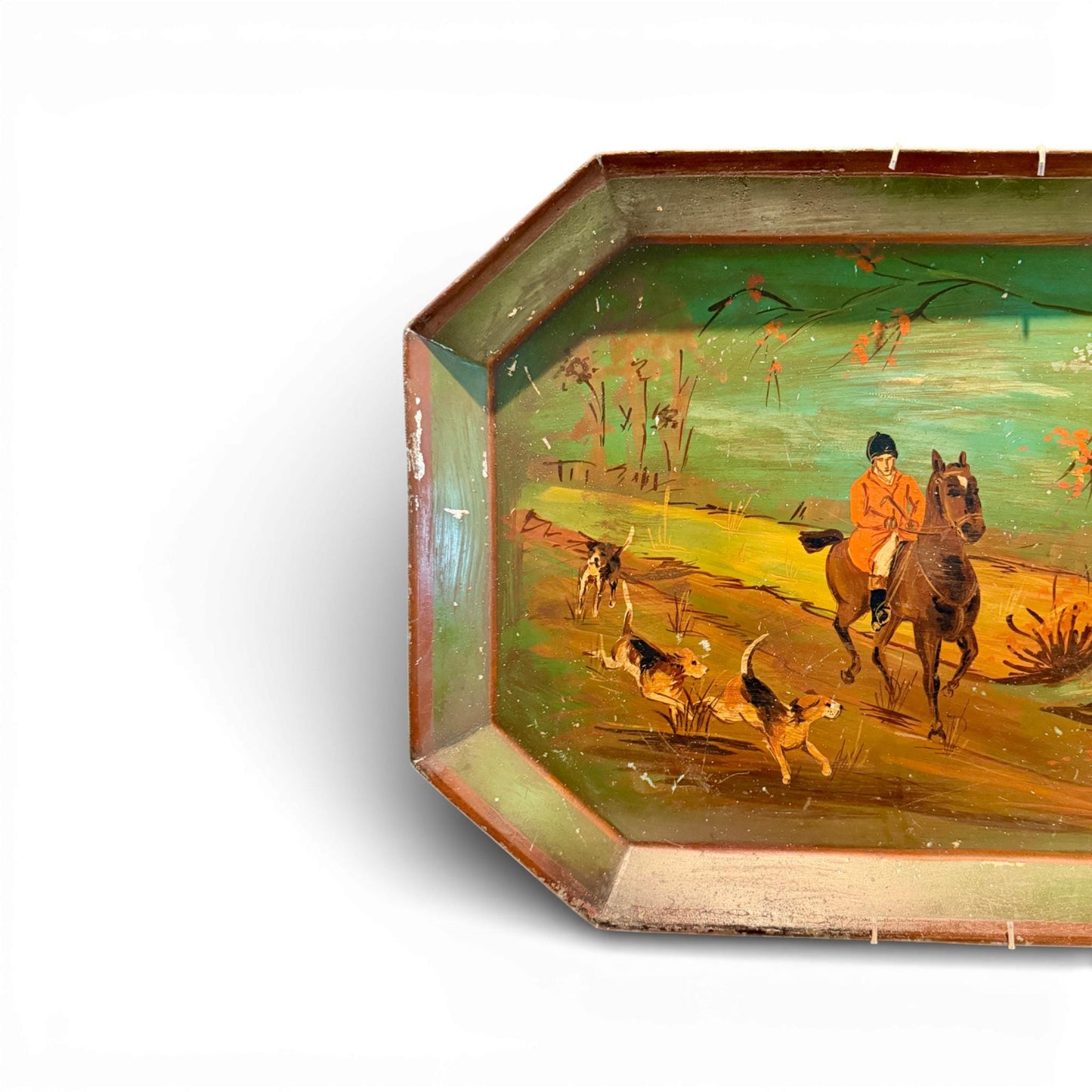 Antique Hand-Painted English Fox Hunting Tôle Tray — 22.5” x 16”