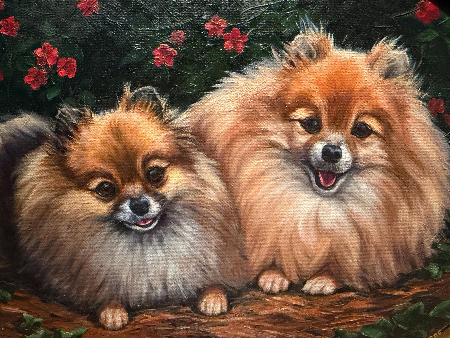 Antique Original Oil Painting of Pomeranians in Gilt Oval Frame