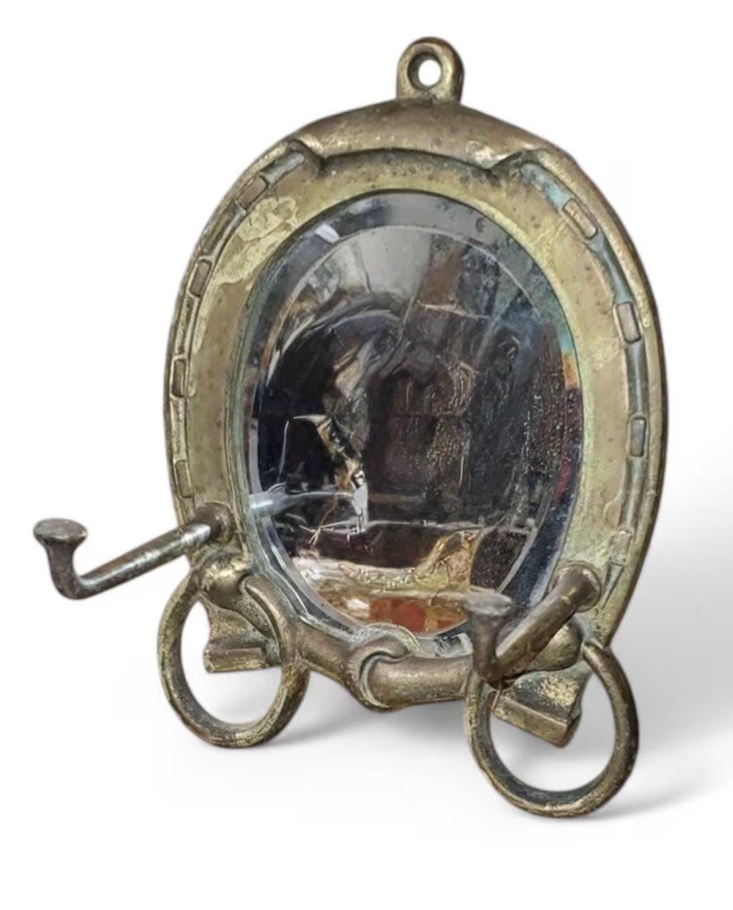 c.1900 Solid Brass Equestrian Gentleman's Shaving Mirror with Hooks