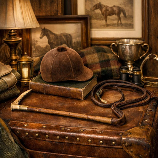 Antique English Hunt Cap & Whip — Heritage Equestrian Decorative Pair