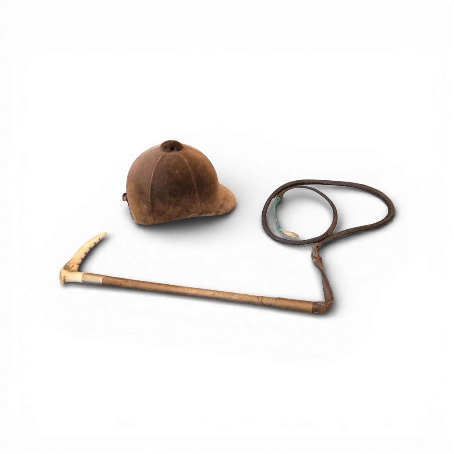 Antique English Hunt Cap & Whip — Heritage Equestrian Decorative Pair